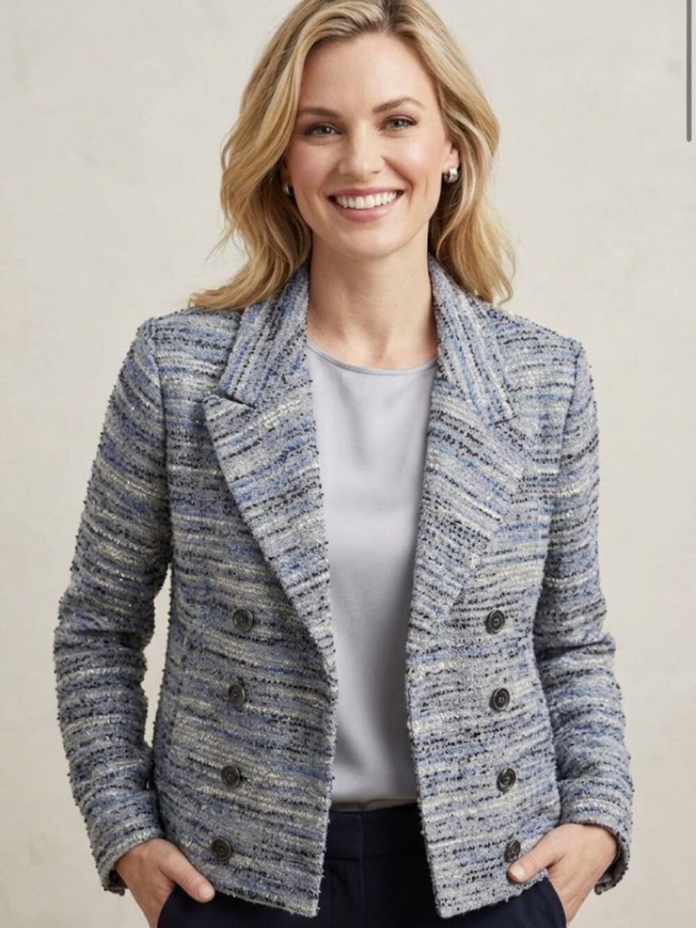 CABI Radiance Double Breasted Tweed Blue Silver Size Medium #4676